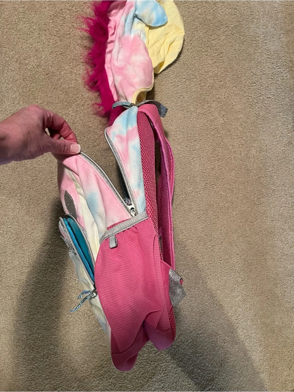 Unicorn Hoodie Tie-Dye Backpack with Pink Mane. Like New. Measurements in photos